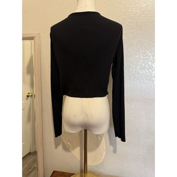 Y2K Black Ribbed Lace Cropped Cardigan Button Up Coquette Fairy Grunge Top L - Picture 4 of 10